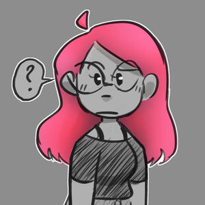 A photo of a girl with pink hair and glasses with one eyebrow raised, and a speech bubble with a question mark beside her head.